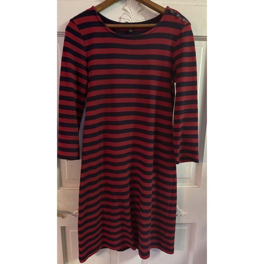 Talbots Women’s Striped 100% Cotton Dress Size Small Red & Navy Button Accent